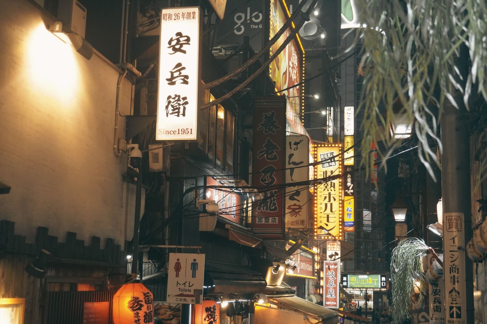 夜の東京の路地。提灯と看板が連なる飲み屋街。
